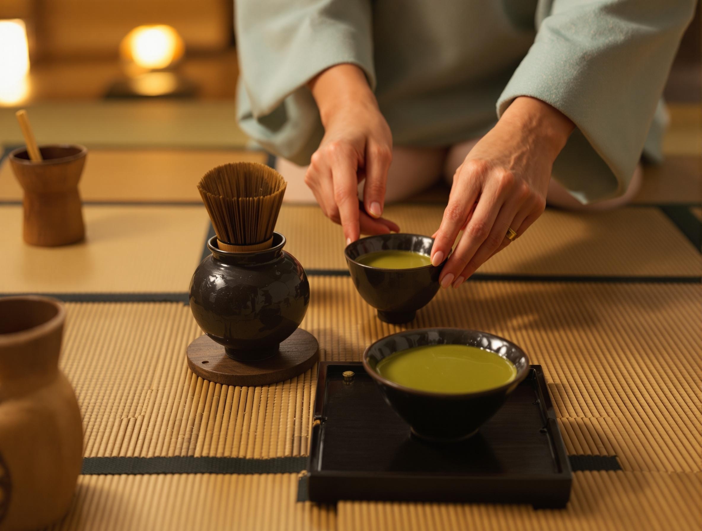 Traditional Japanese tea ceremony with authentic matcha preparation, bamboo whisk, and ceramic tea bowls on tatami mat
