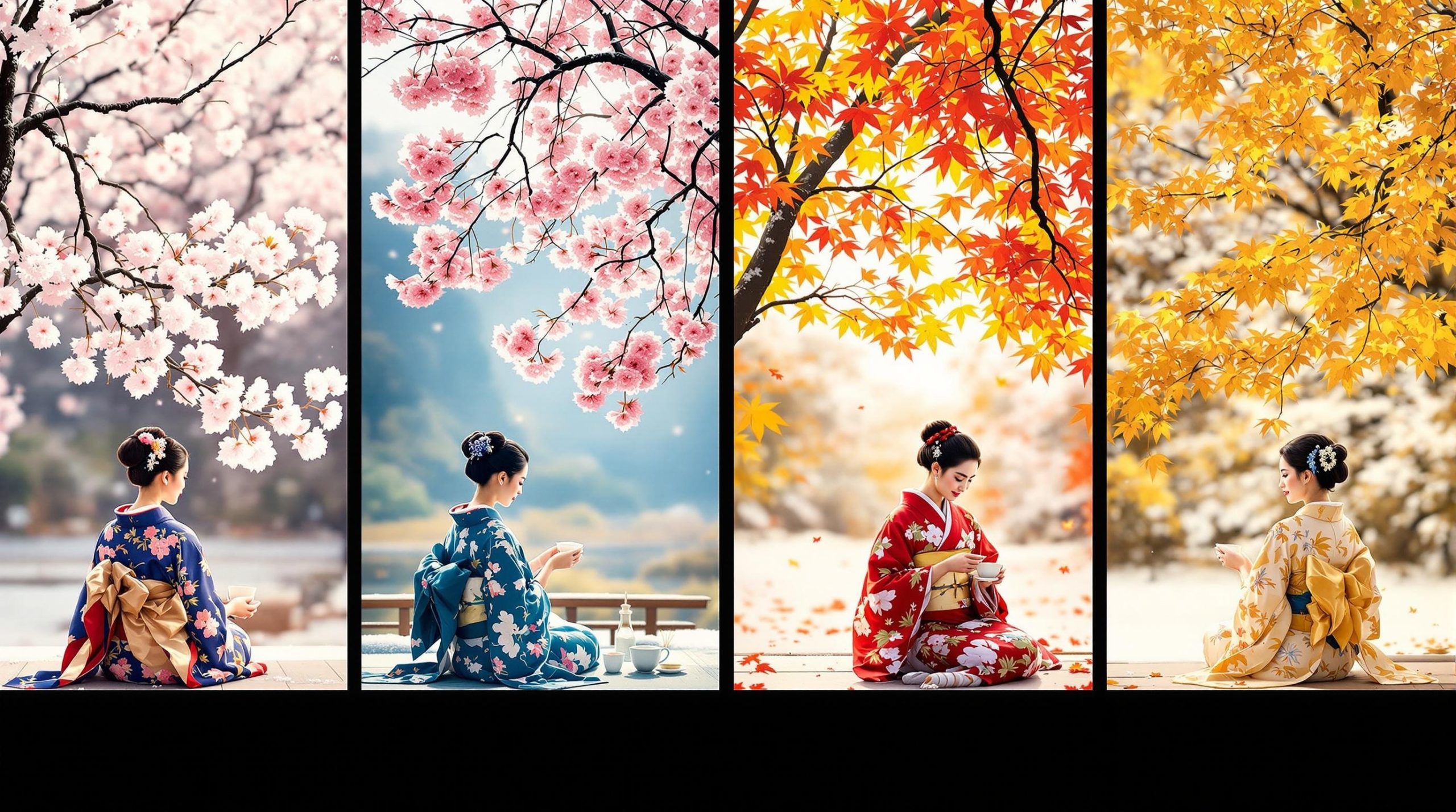 Four seasons of Japanese culture showing kimono and tea ceremony traditions from spring cherry blossoms to winter snow scenes