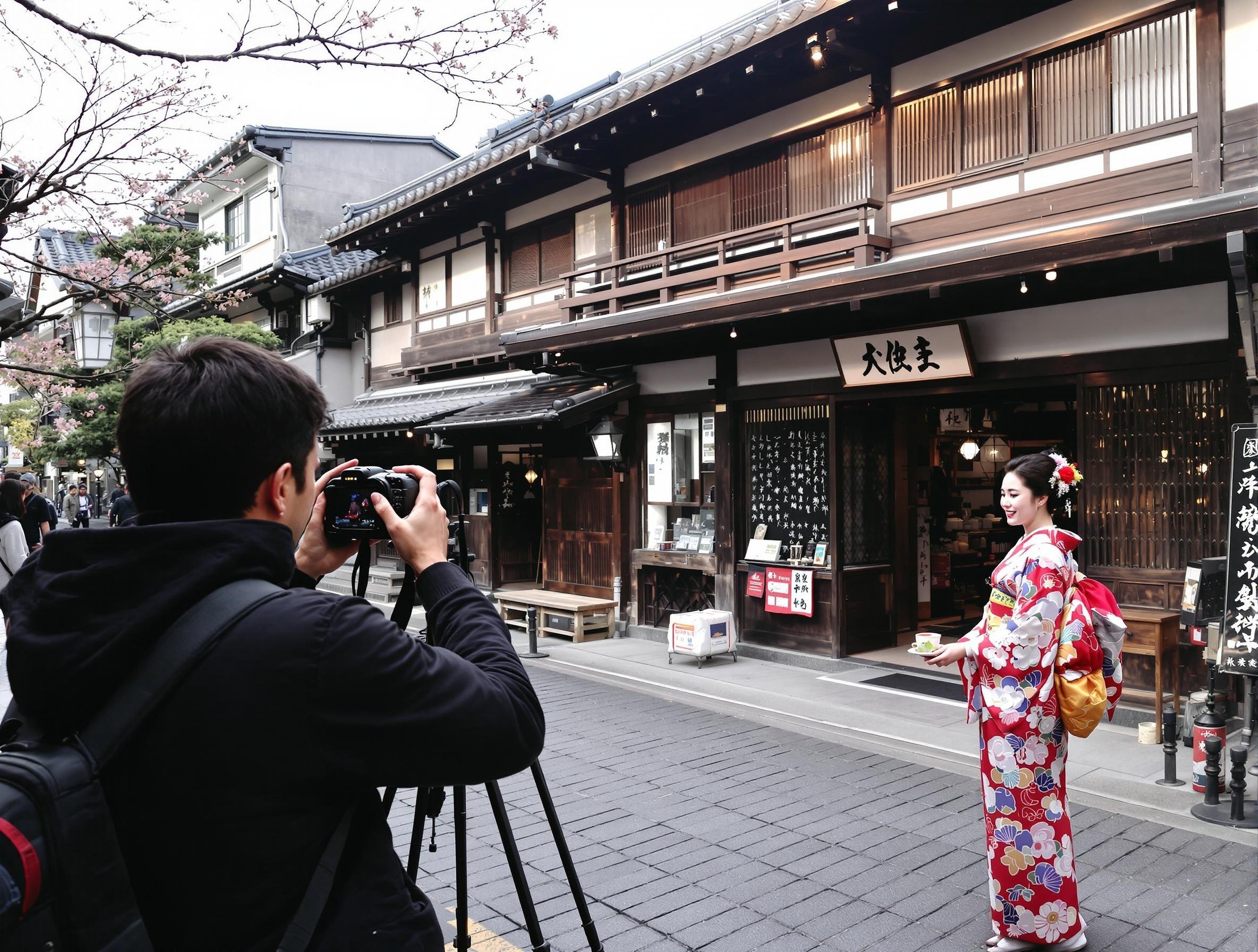 Professional photographer capturing kimono photoshoot in Kyoto's historic Higashiyama district with traditional wooden buildings
