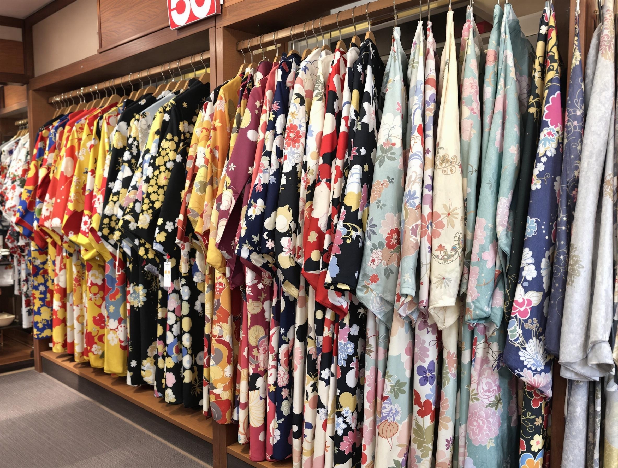 Display of various traditional Japanese kimonos including furisode, tomesode, and houmongi in Kyoto kimono shop with intricate silk patterns