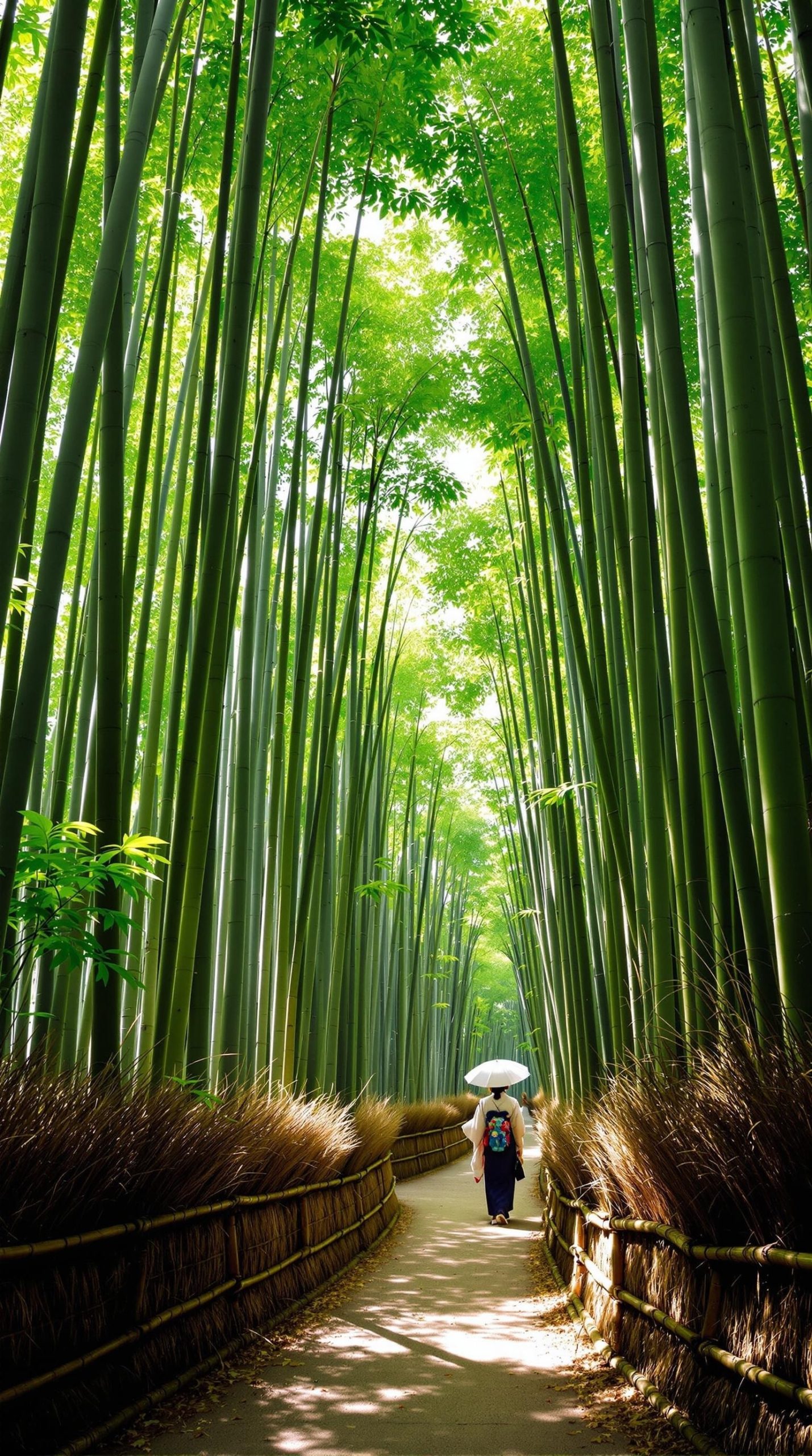 Person in traditional kimono walking through famous Arashiyama bamboo forest in Kyoto with mystical dappled sunlight