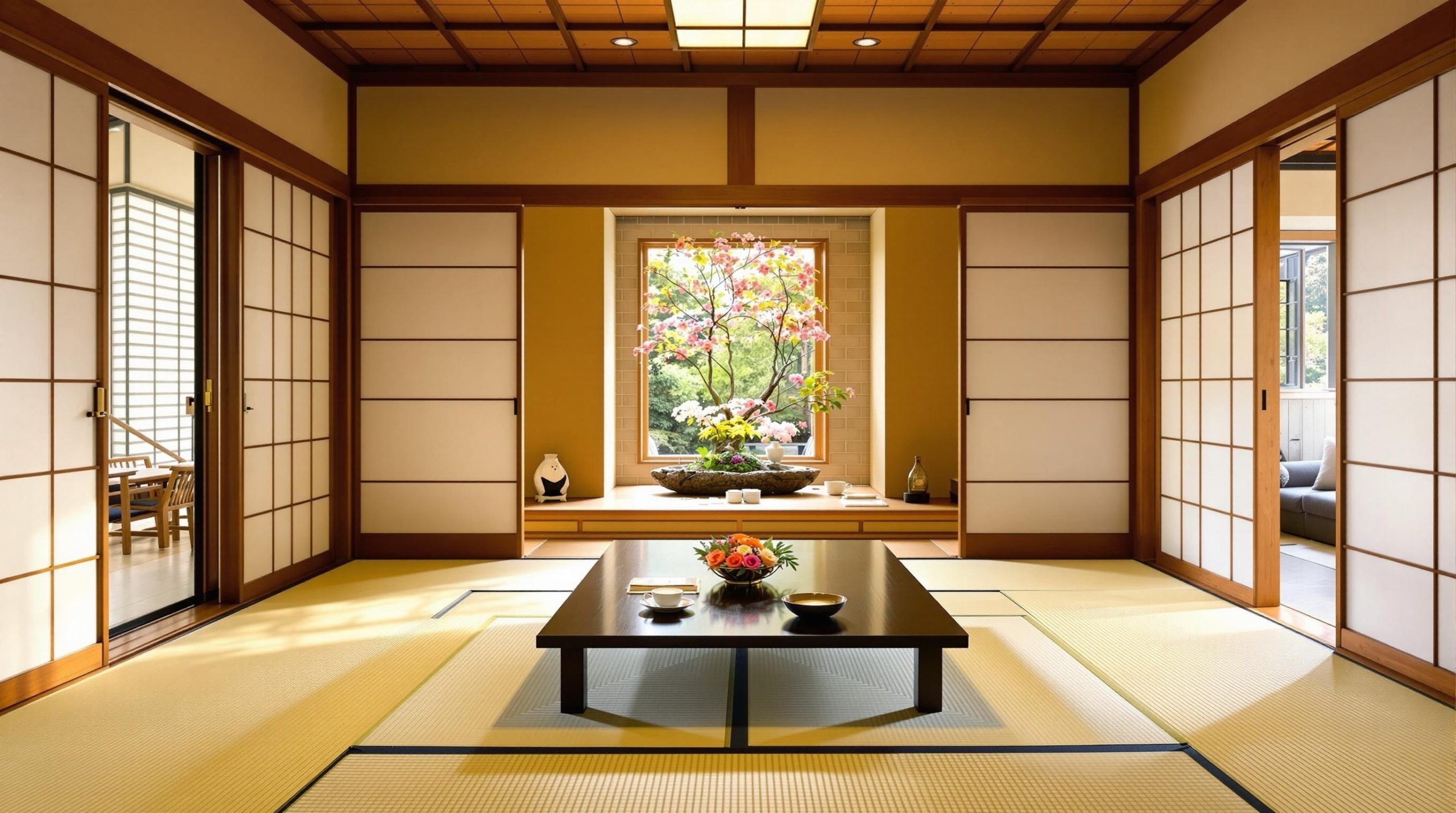 Traditional Japanese tea ceremony room with tatami mats, sliding doors, tokonoma alcove, and seasonal flower arrangement