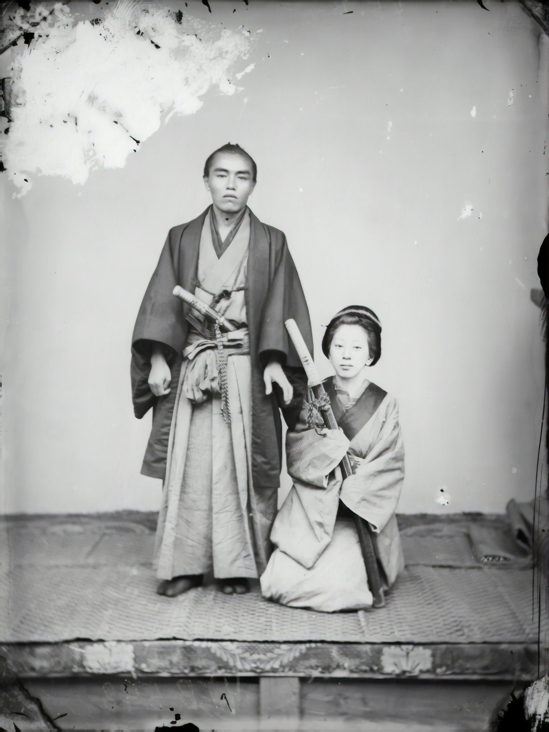 Japanese men wearing traditional montsuki hakama with black formal kimono and pleated trousers for Seijin Shiki ceremony