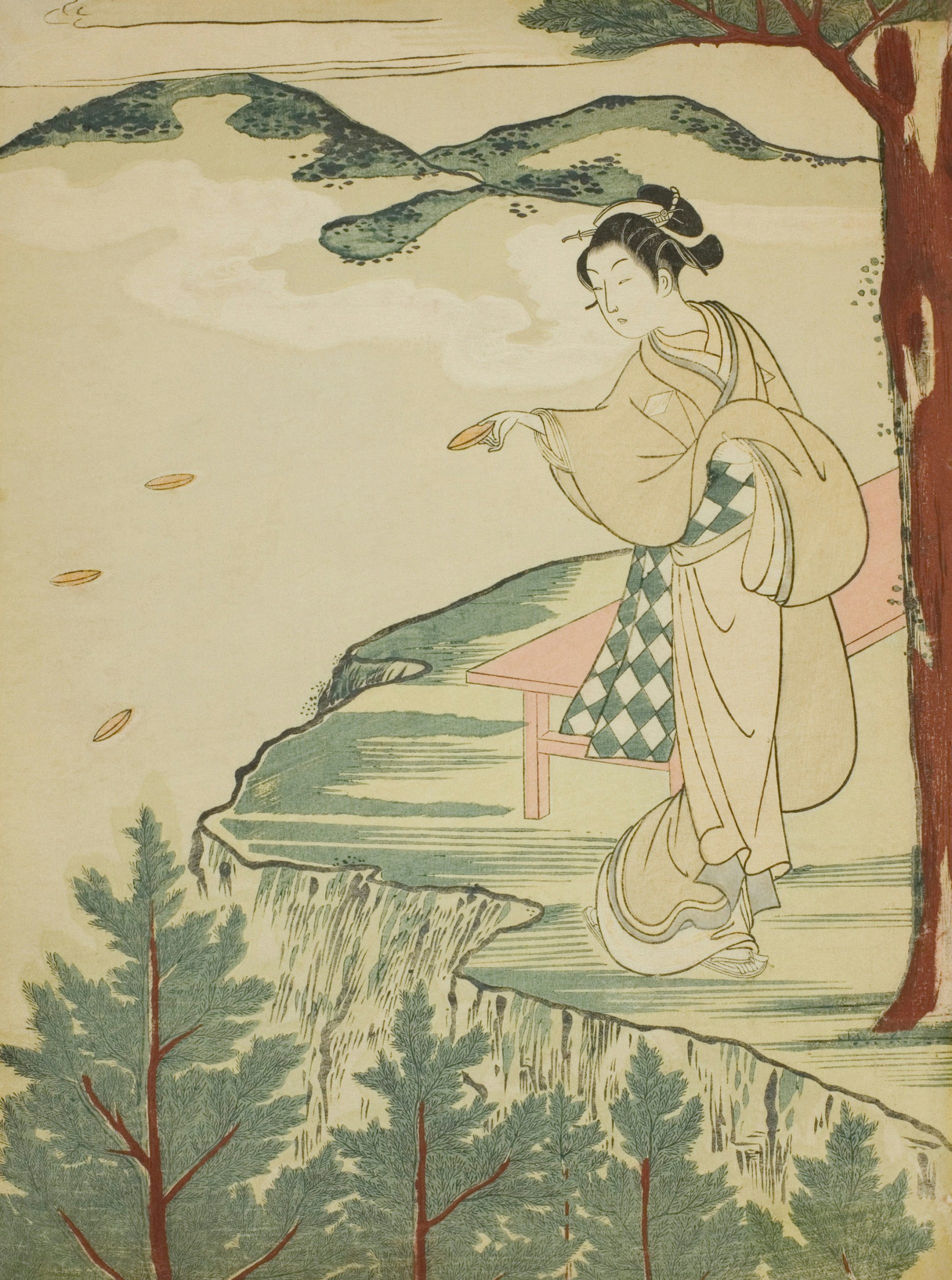 Classic Japanese ukiyo-e woodblock print depicting a beautiful woman in an elegant summer kimono with delicate floral patterns, exemplifying the refined artistry of Edo period printmaking and traditional Japanese fashion aesthetics