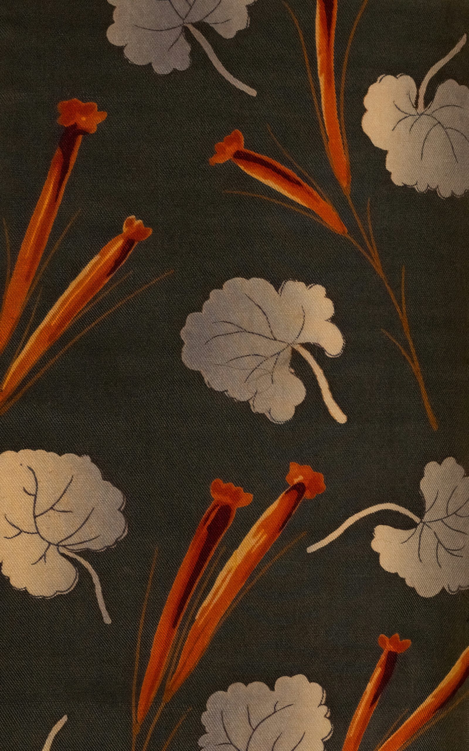 Intricate kimono fabric pattern featuring traditional Japanese motifs including elegant cranes and delicate cherry blossoms in soft colors, representing the symbolic artistry of kimono design